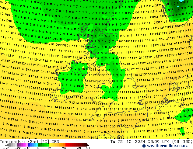 Temperature (2m) GFS Tu 08.10.2024 06 UTC