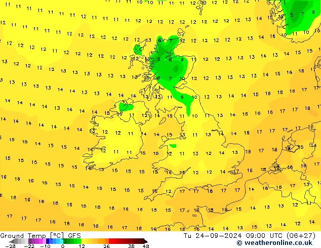 Temp. gruntu GFS wto. 24.09.2024 09 UTC