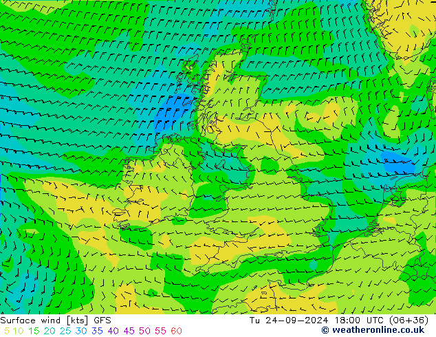 Prec 6h/Wind 10m/950 GFS mar 24.09.2024 18 UTC