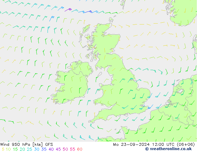 wiatr 950 hPa GFS pon. 23.09.2024 12 UTC