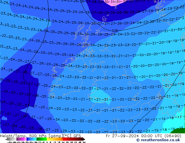 Z500/Rain (+SLP)/Z850 GFS vie 27.09.2024 00 UTC