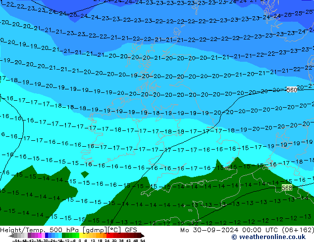 Height/Temp. 500 hPa GFS lun 30.09.2024 00 UTC