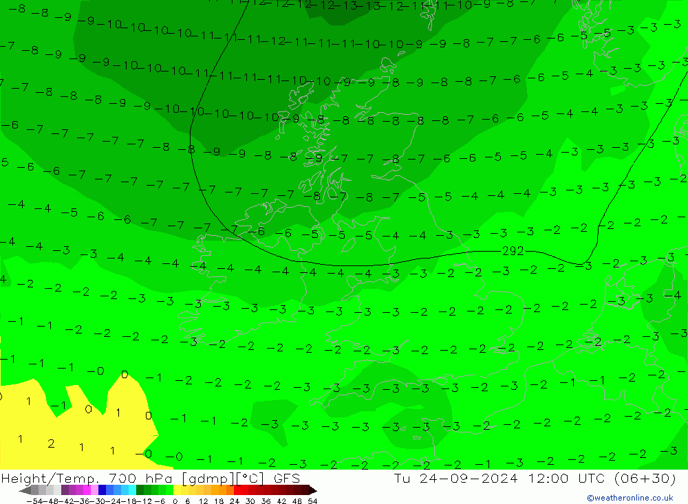 Geop./Temp. 700 hPa GFS mar 24.09.2024 12 UTC