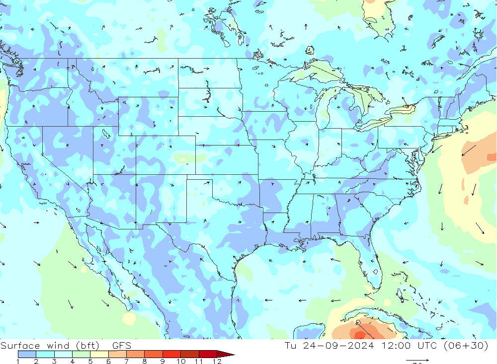 Surface wind (bft) GFS Tu 24.09.2024 12 UTC