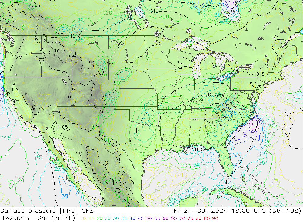 Isotachs (kph) GFS Fr 27.09.2024 18 UTC