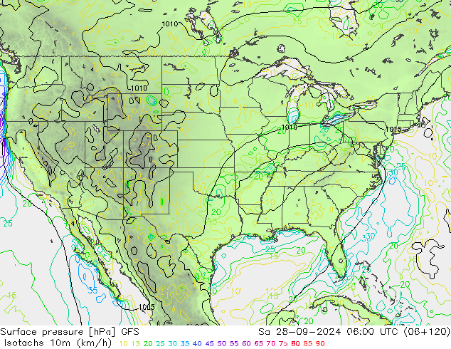 Isotachs (kph) GFS сб 28.09.2024 06 UTC