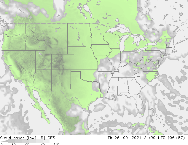 Cloud cover (low) GFS Th 26.09.2024 21 UTC