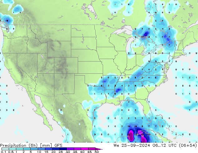 Precipitation (6h) GFS We 25.09.2024 12 UTC