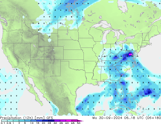 Precipitation (12h) GFS Mo 30.09.2024 18 UTC