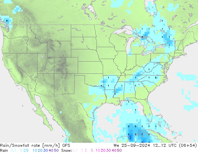 Rain/Snowfall rate GFS Qua 25.09.2024 12 UTC