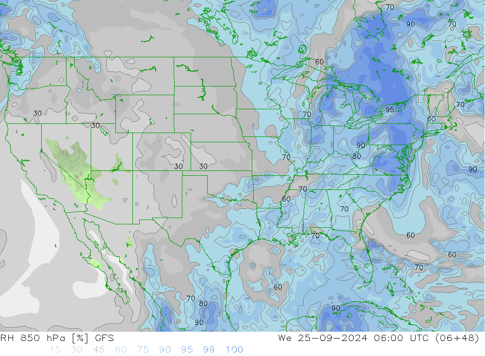 RH 850 hPa GFS Qua 25.09.2024 06 UTC