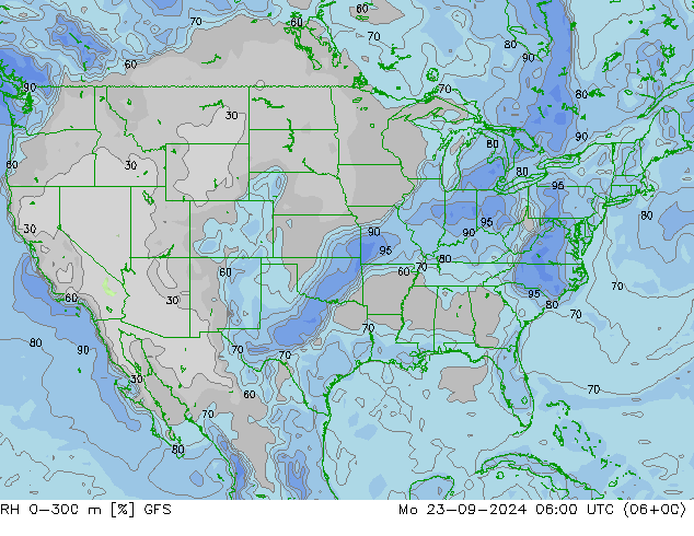 RH 0-300 m GFS Mo 23.09.2024 06 UTC