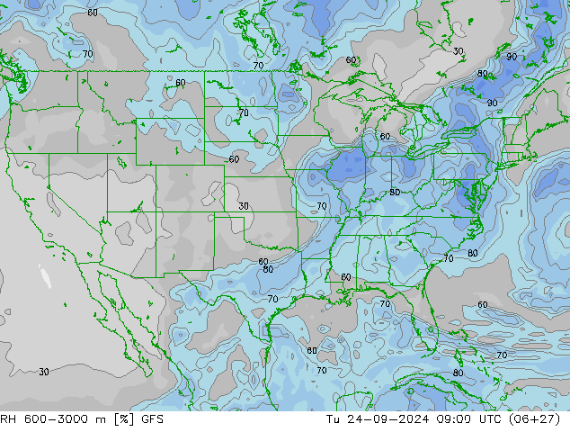 RH 600-3000 m GFS Út 24.09.2024 09 UTC