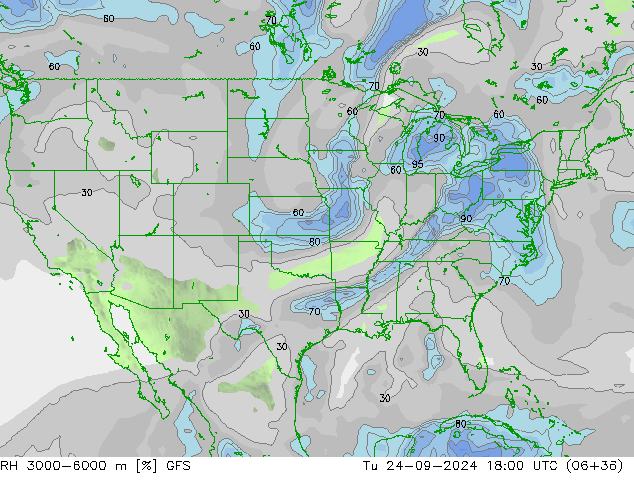 RH 3000-6000 m GFS wto. 24.09.2024 18 UTC