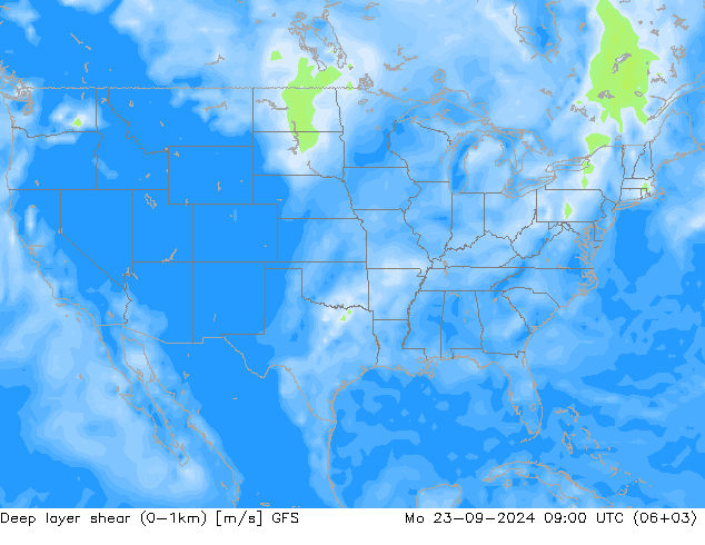 Deep layer shear (0-1km) GFS Pzt 23.09.2024 09 UTC