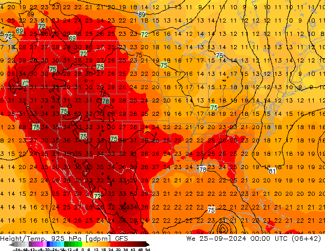 Height/Temp. 925 гПа GFS ср 25.09.2024 00 UTC
