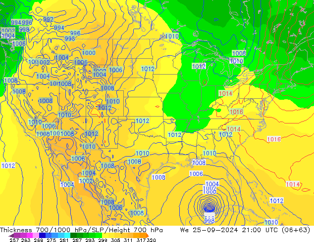 Thck 700-1000 hPa GFS mer 25.09.2024 21 UTC