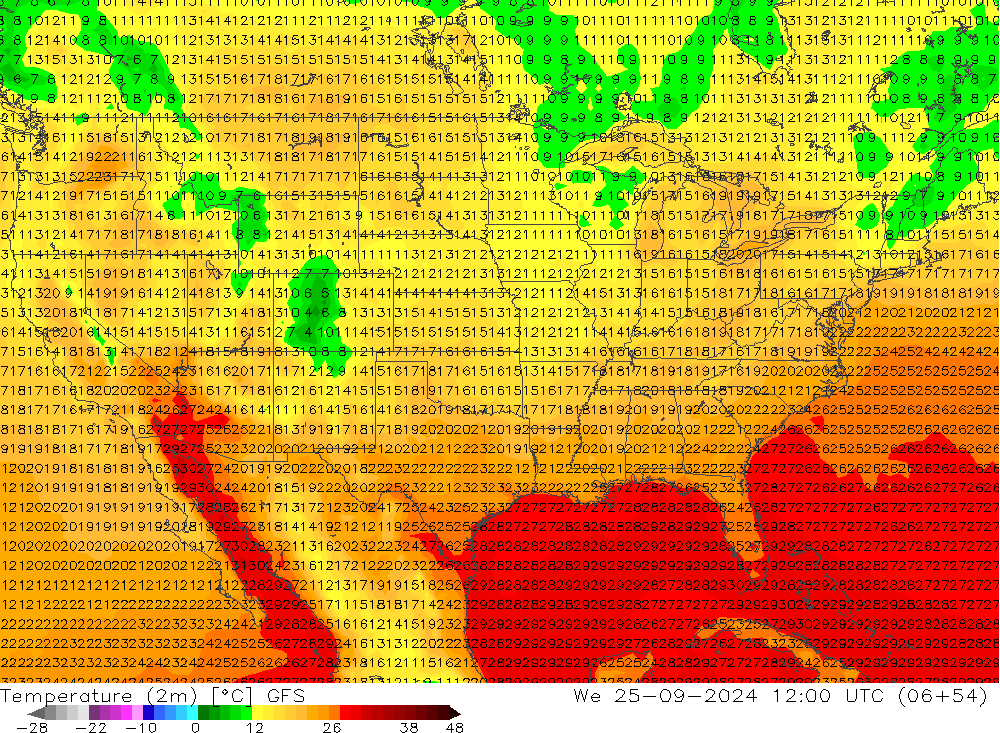 Temperature (2m) GFS We 25.09.2024 12 UTC