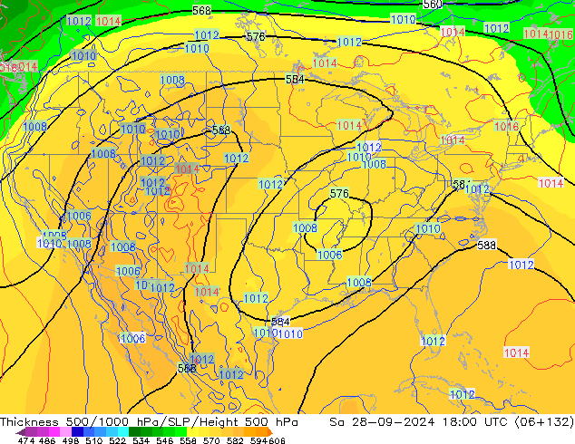 Espesor 500-1000 hPa GFS sáb 28.09.2024 18 UTC