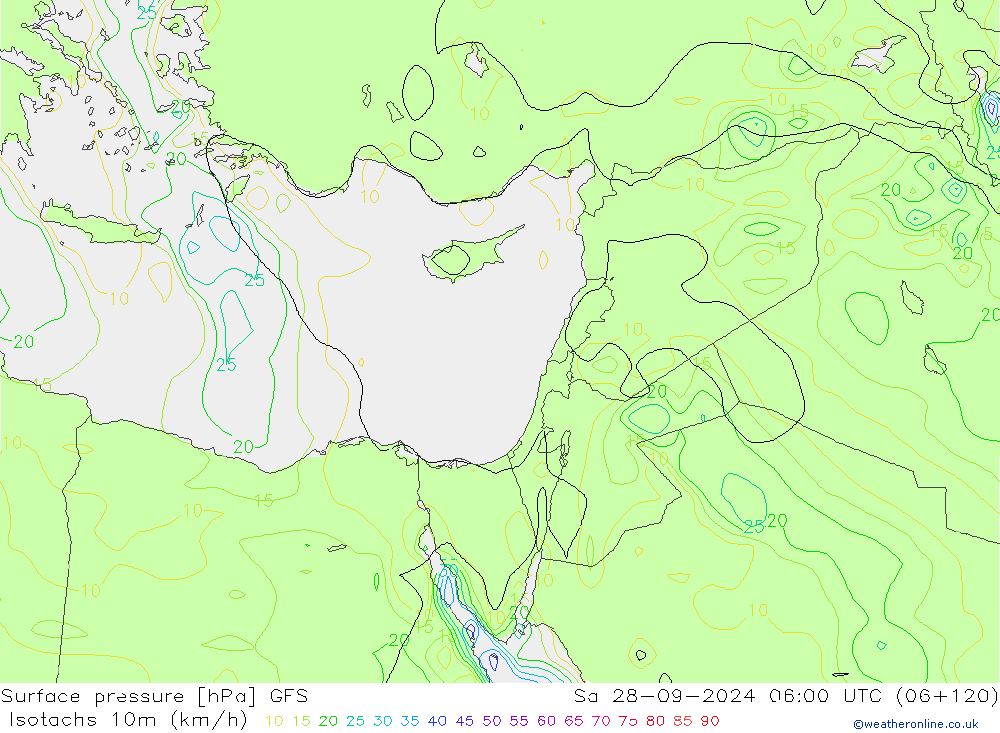 Isotachs (kph) GFS Sa 28.09.2024 06 UTC