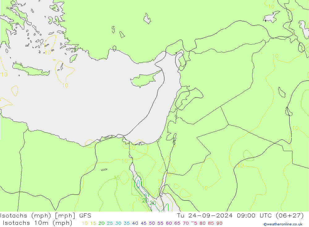 Isotachen (mph) GFS di 24.09.2024 09 UTC