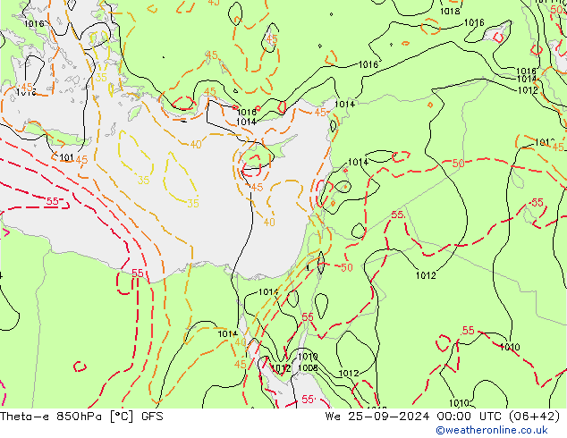 Theta-e 850hPa GFS mer 25.09.2024 00 UTC