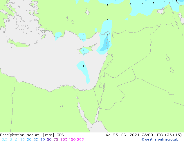 Precipitación acum. GFS mié 25.09.2024 03 UTC