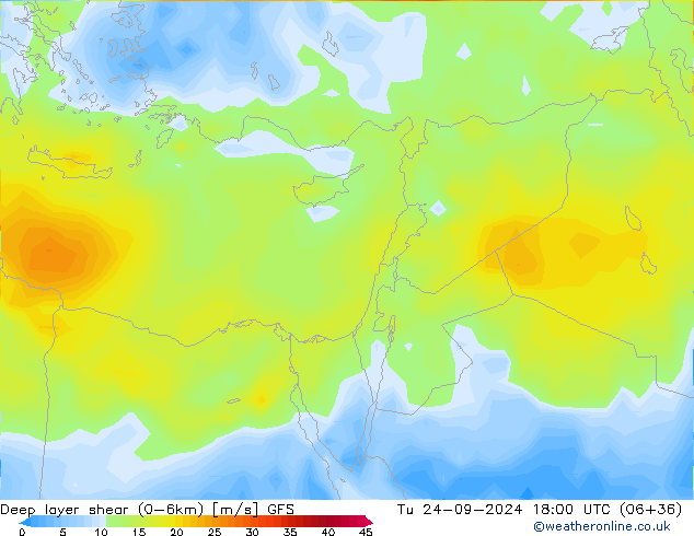 Deep layer shear (0-6km) GFS вт 24.09.2024 18 UTC