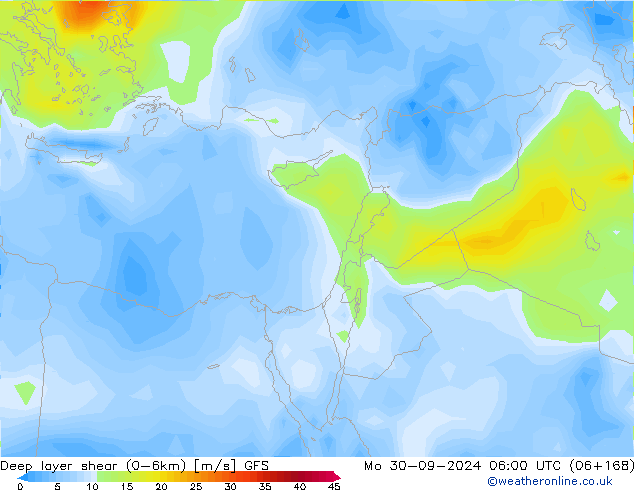 Deep layer shear (0-6km) GFS lun 30.09.2024 06 UTC