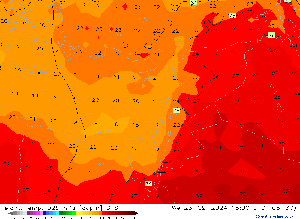 Géop./Temp. 925 hPa GFS mer 25.09.2024 18 UTC