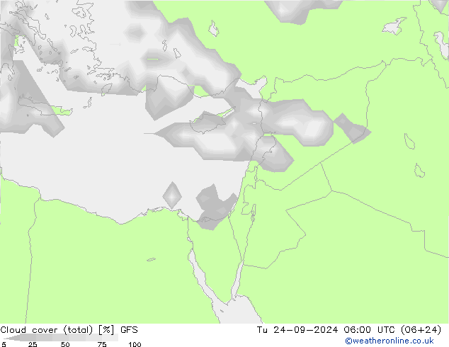 Cloud cover (total) GFS Tu 24.09.2024 06 UTC