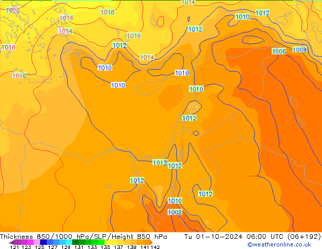 Espesor 850-1000 hPa GFS mar 01.10.2024 06 UTC