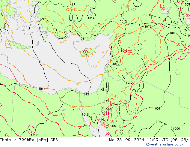 Theta-e 700hPa GFS lun 23.09.2024 12 UTC