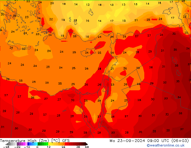 Temperature High (2m) GFS Mo 23.09.2024 09 UTC