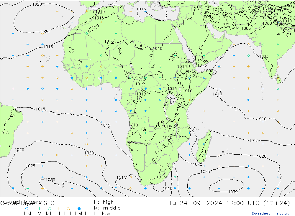 Cloud layer GFS Út 24.09.2024 12 UTC