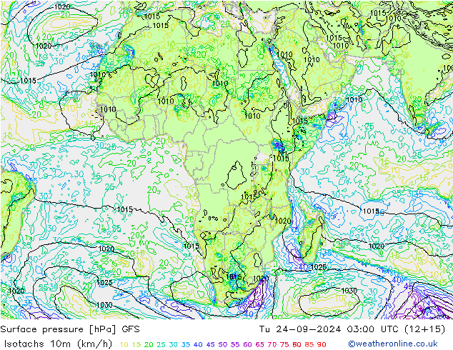 Isotaca (kph) GFS mar 24.09.2024 03 UTC