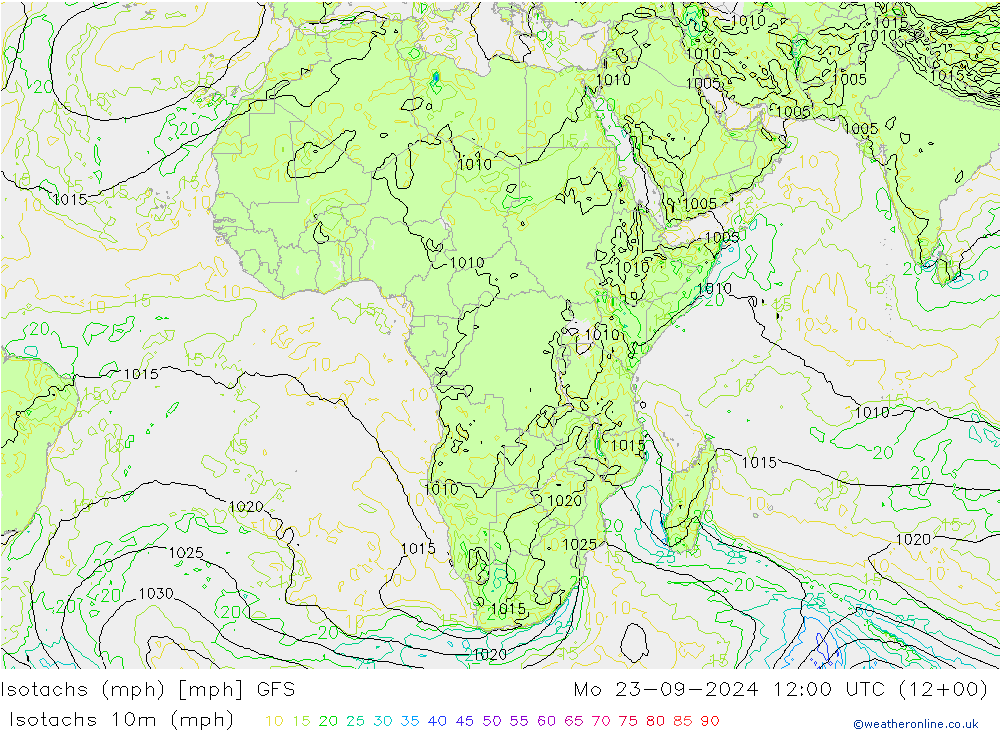 Isotachs (mph) GFS lun 23.09.2024 12 UTC