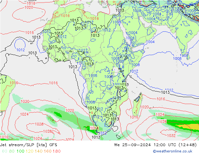 Jet stream GFS Qua 25.09.2024 12 UTC