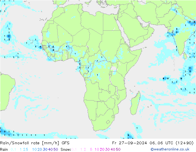 Rain/Snowfall rate GFS ven 27.09.2024 06 UTC