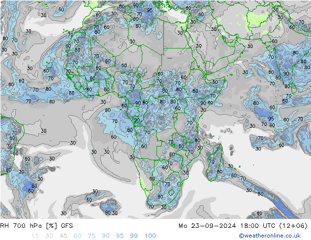 RH 700 hPa GFS pon. 23.09.2024 18 UTC