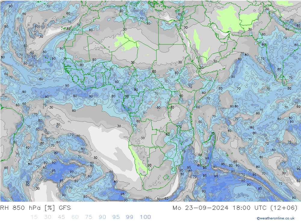 RH 850 hPa GFS Mo 23.09.2024 18 UTC