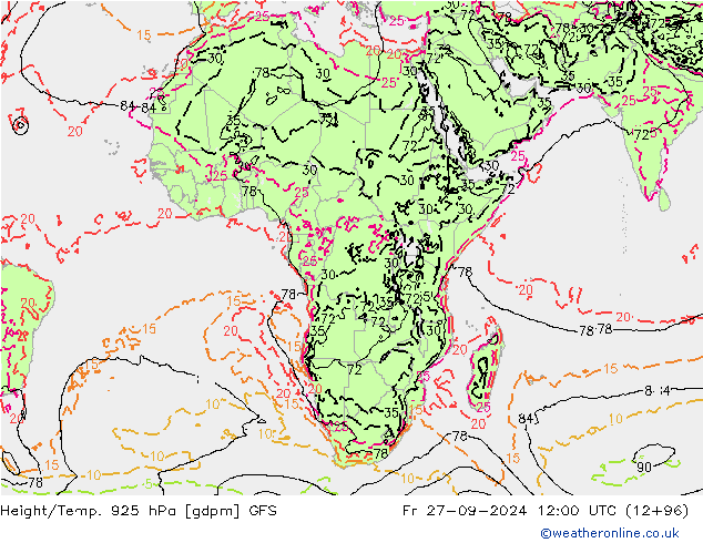 Height/Temp. 925 hPa GFS Fr 27.09.2024 12 UTC