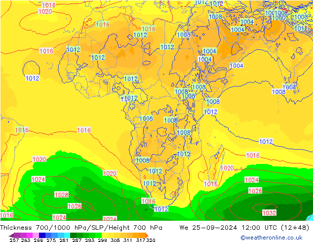 Thck 700-1000 hPa GFS Qua 25.09.2024 12 UTC