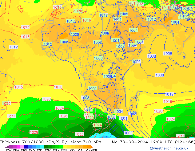 Dikte700-1000 hPa GFS ma 30.09.2024 12 UTC