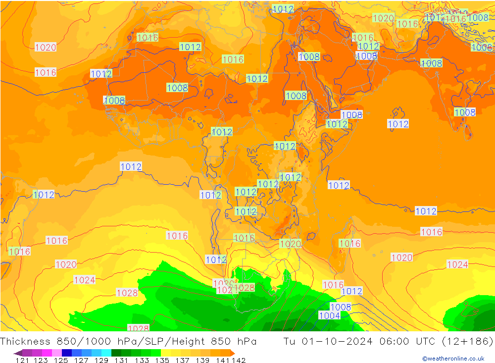 Thck 850-1000 hPa GFS mar 01.10.2024 06 UTC