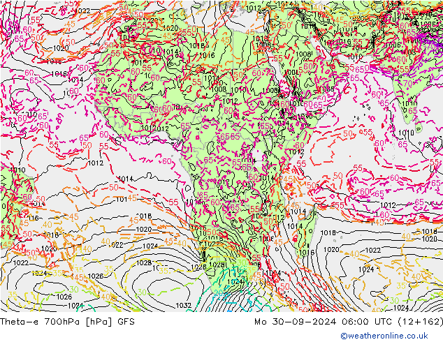 Theta-e 700hPa GFS pon. 30.09.2024 06 UTC