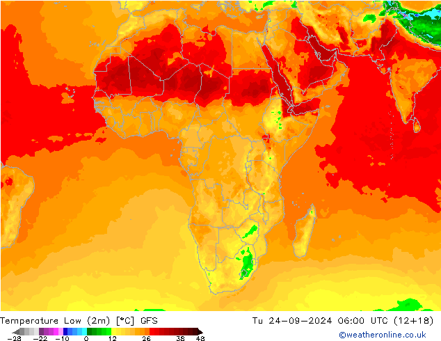 Min.temperatuur (2m) GFS di 24.09.2024 06 UTC