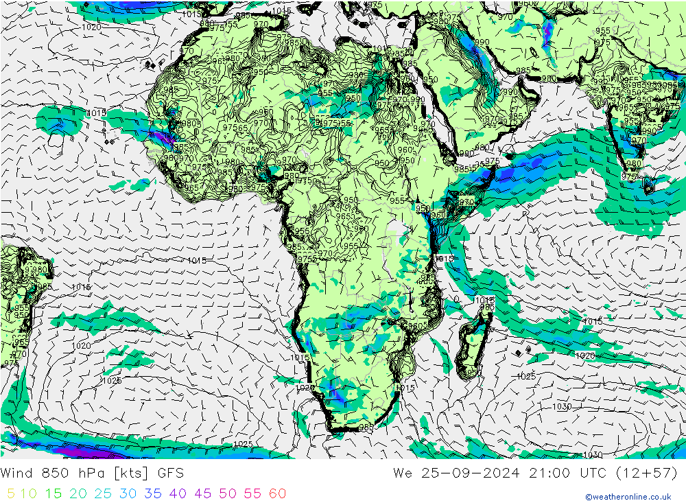 Vento 850 hPa GFS mer 25.09.2024 21 UTC