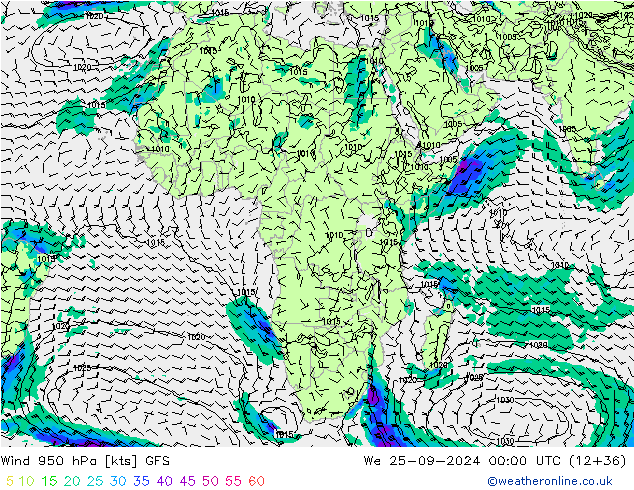 Wind 950 hPa GFS We 25.09.2024 00 UTC