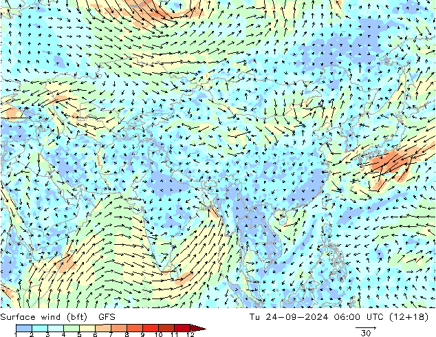 Vento 10 m (bft) GFS Ter 24.09.2024 06 UTC